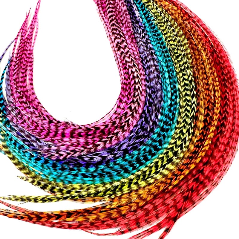 Feather Headz 21 Rainbow Grizzly Color Hair Extensions – 9”–14” Long – DIY Rooster Kit with 20 Micro-Link Beads – 100% Real Feathers – Eye-Catching Boho Style - Image 1